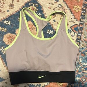 Nike Gray Sports Bra with Neon Lime Trim and Black Band